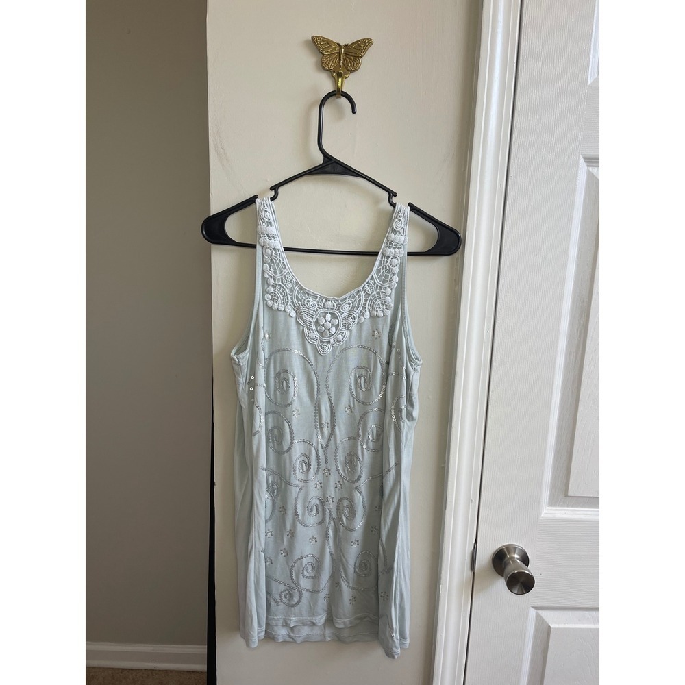 KENAR Light Blue Sequin Embellished Dusty Blue Tank Top Womens Size L
